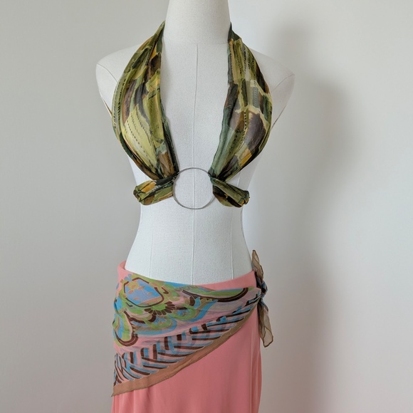 Coral Midi Skirt Bias Cut Asymmetrical Satin Trim Layers Tiered Low Mid Rise - Picture 5 of 14